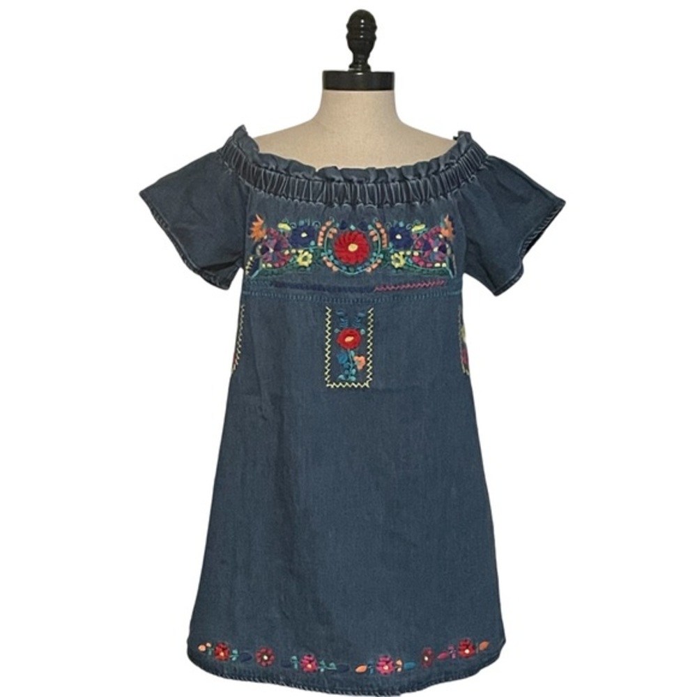 The Impeccable Pig Off The Shoulder Denim Floral Dress